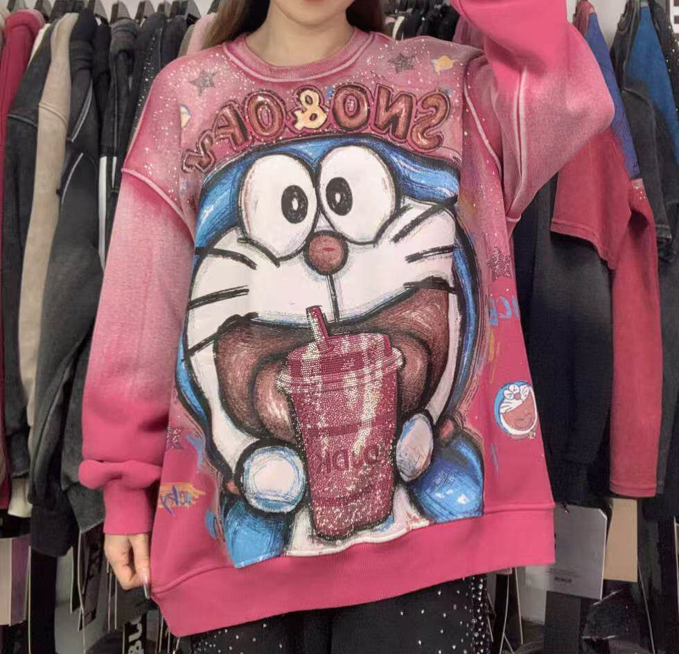 Vintage Washed Rhinestone Doraemon Sweatshirt | Fleece-Lined Oversized Crewneck