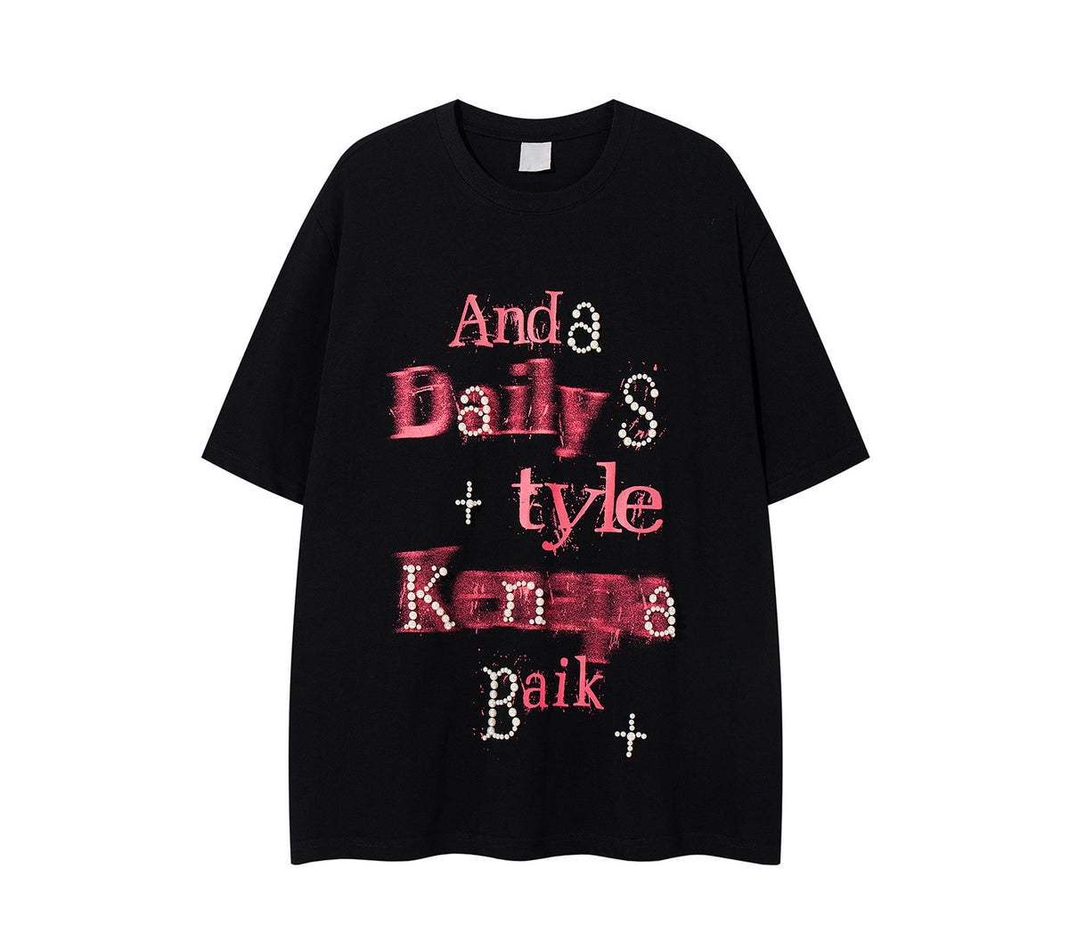 A261 - Pearl Graffiti Graphic Tee – Handmade Embellished Oversized Cotton T-Shirt