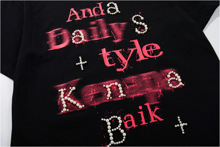 A261 - Pearl Graffiti Graphic Tee – Handmade Embellished Oversized Cotton T-Shirt