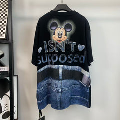 R6 - Heavy Cotton T-Shirt - Hand-Embroidered Beaded & Sequin Mickey Graphic Denim Overalls Printed Oversized Tee