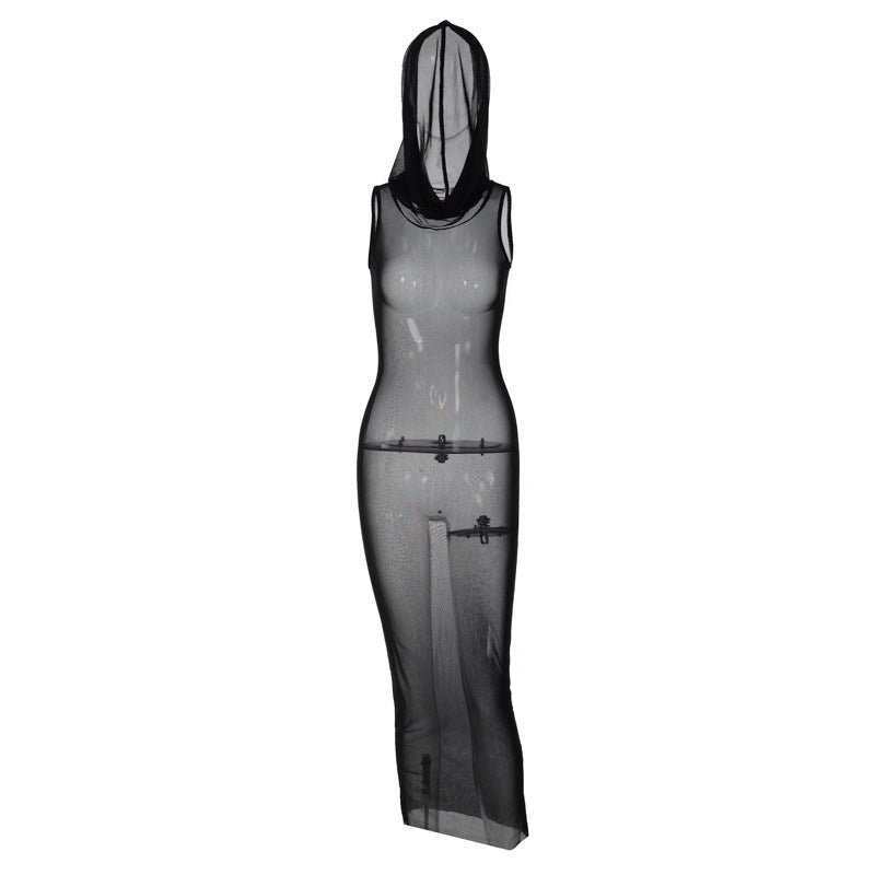 Sleeveless hooded sexy mesh see-through dress