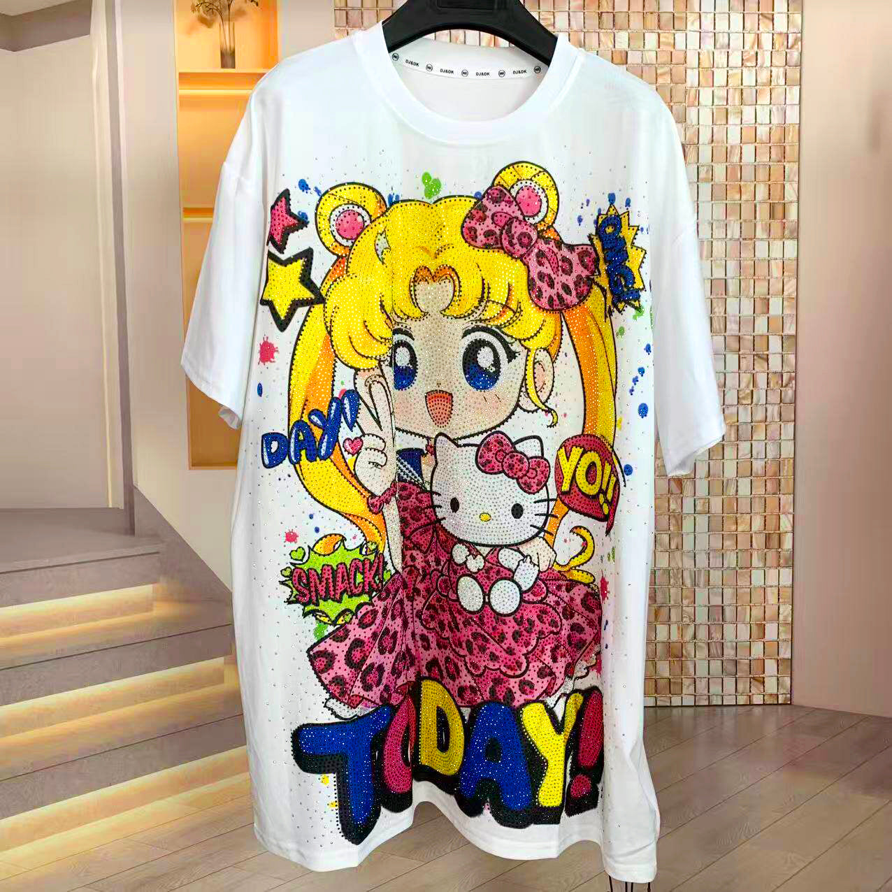 A255 - 320G Heavyweight Sailor Moon Inspired Rhinestone Graphic Tee | Y2K Oversized Cute Cartoon Streetwear T-Shirt Women
