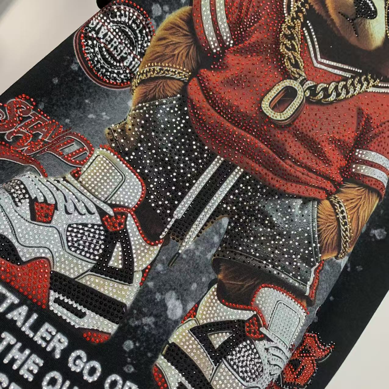 R5 - Heavyweight 320g Pure Cotton T-Shirt - Luxury Full Rhinestone Hip-Hop Teddy Bear Graphic Oversized Tee