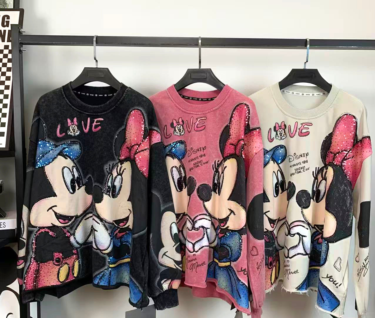 R10 - Pure Cotton Crewneck Sweatshirt - Luxury Sequin Embroidered Mickey & Minnie Graphic Pullover