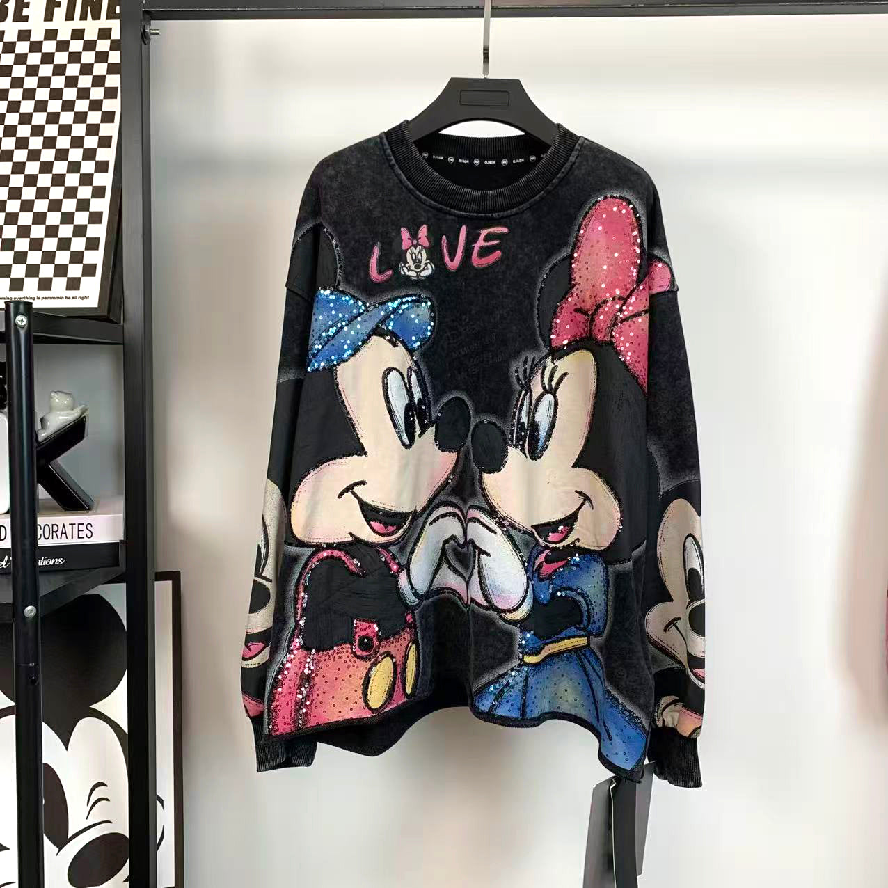 R10 - Pure Cotton Crewneck Sweatshirt - Luxury Sequin Embroidered Mickey & Minnie Graphic Pullover