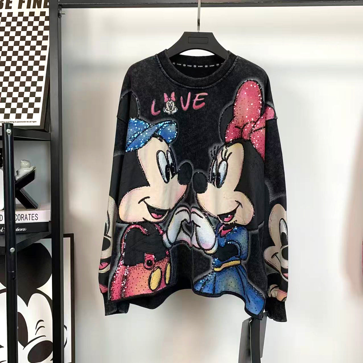 R10 - Pure Cotton Crewneck Sweatshirt - Luxury Sequin Embroidered Mickey & Minnie Graphic Pullover