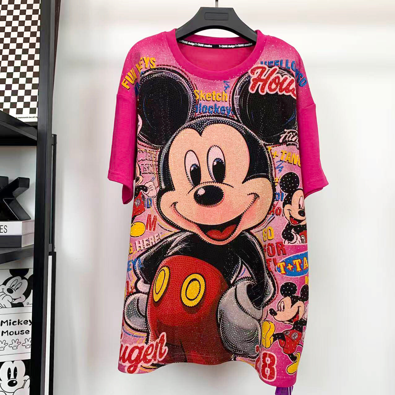 Heavy Rhinestone Boxing Mickey Graphic T-Shirt | Oversized Streetwear Tee