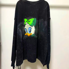 R12 - Vintage Wash Pure Cotton Sweatshirt - Luxury Sequin Embroidered Daisy Duck Graphic Pullover