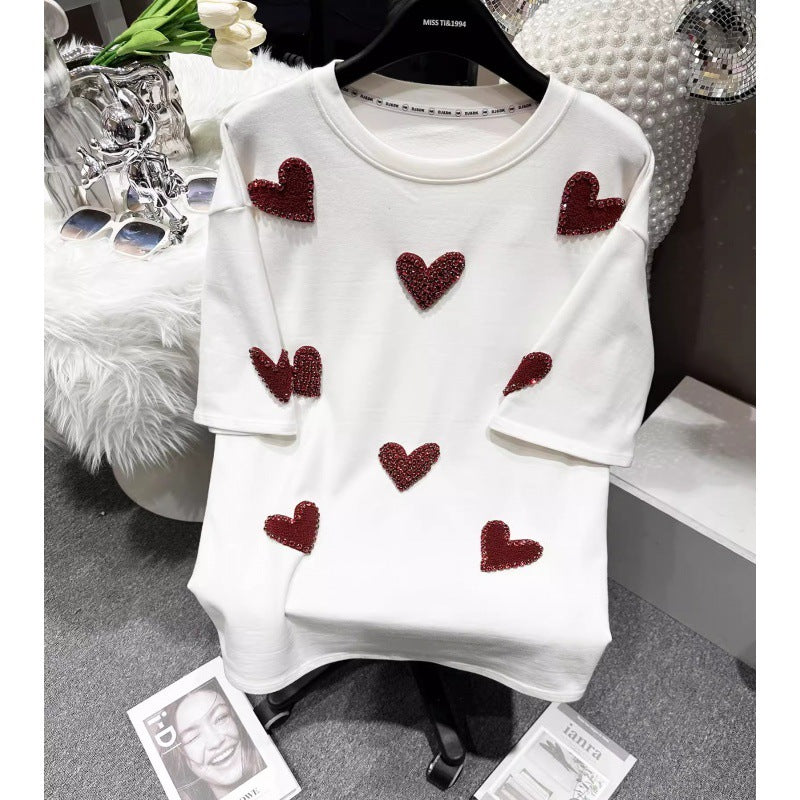 2025 Spring New Creative Design-Brushed Flocking Diamond Heart Short Sleeve