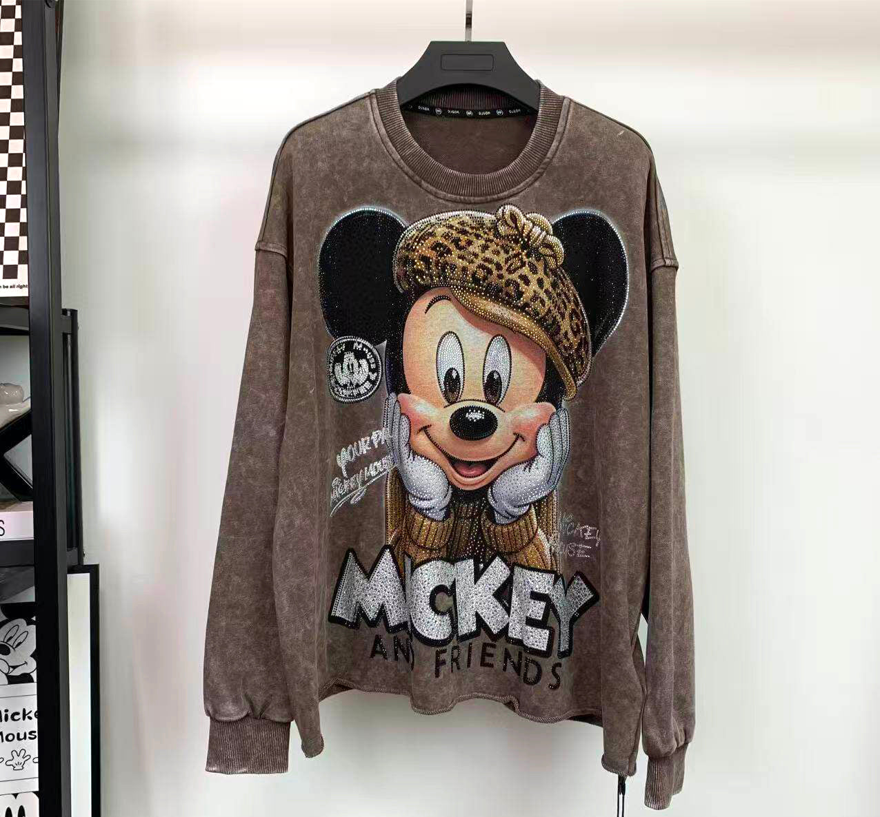Handmade Rhinestone Mickey Graphic Washed Sweatshirt | Vintage Oversized Crewneck