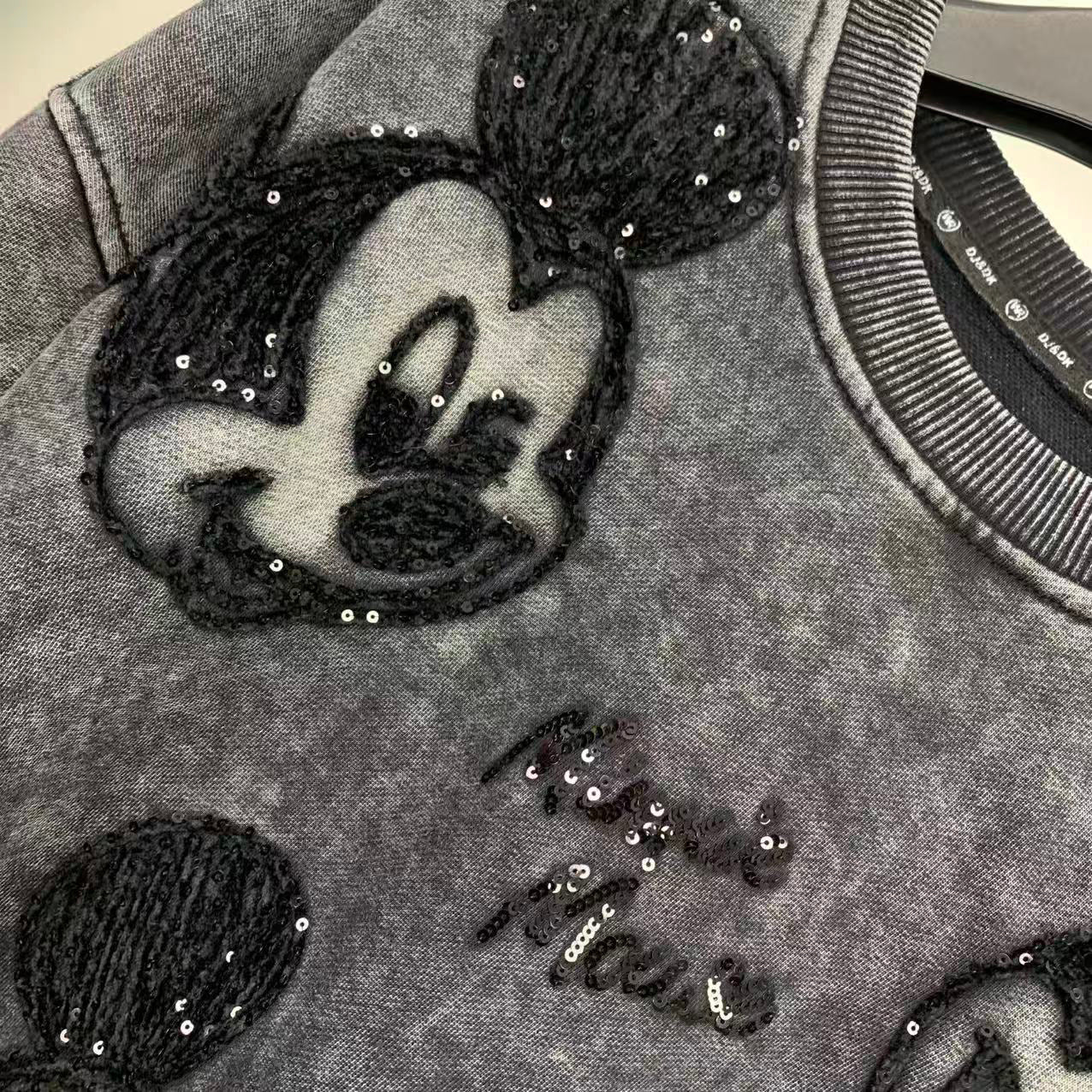 Mickey Distressed Sequin Embroidered Crewneck | Washed Unisex Statement Sweatshirt