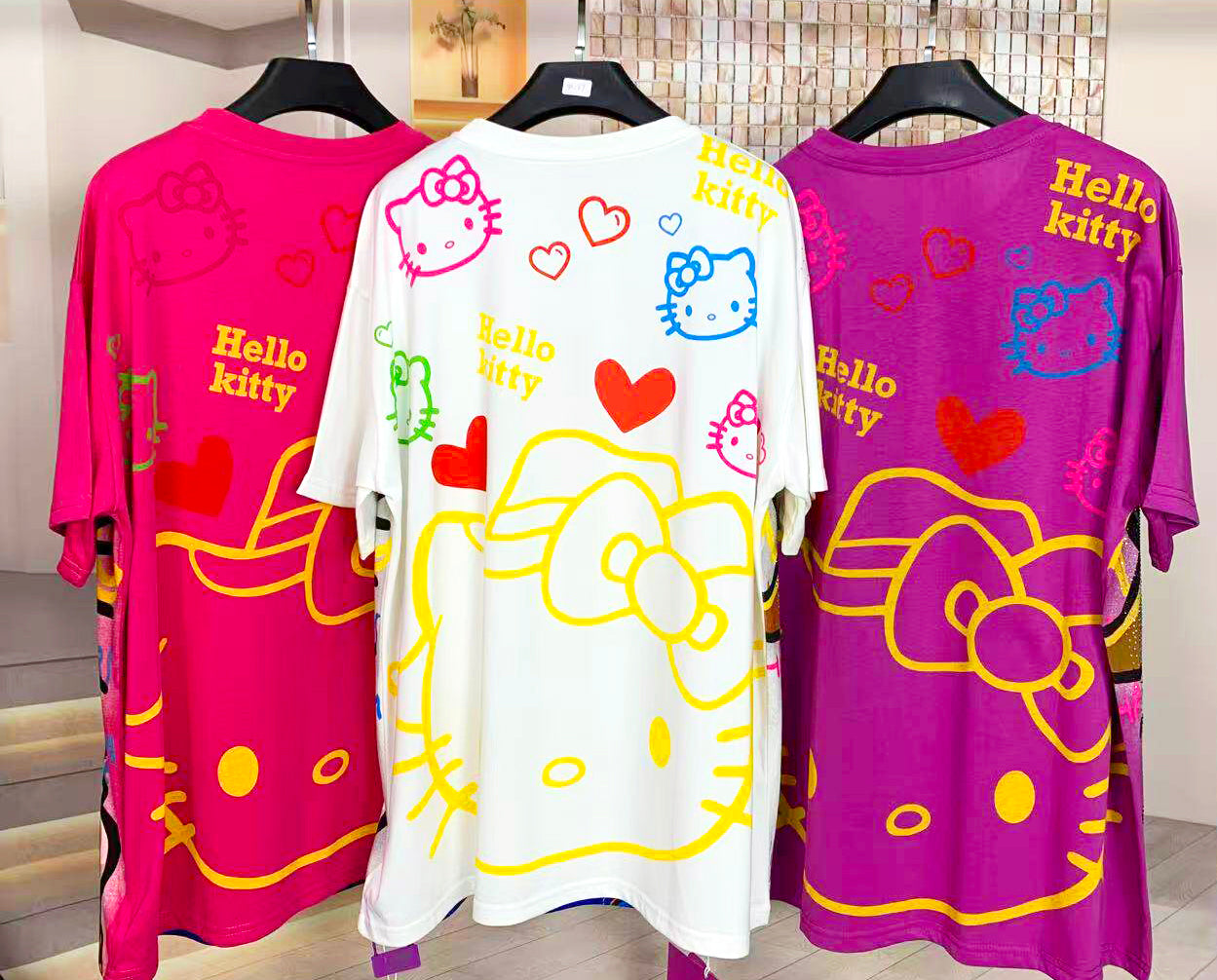 A253 - 320G Heavyweight Hello Kitty Rhinestone Graphic Tee | Oversized Streetwear Cotton T-Shirt