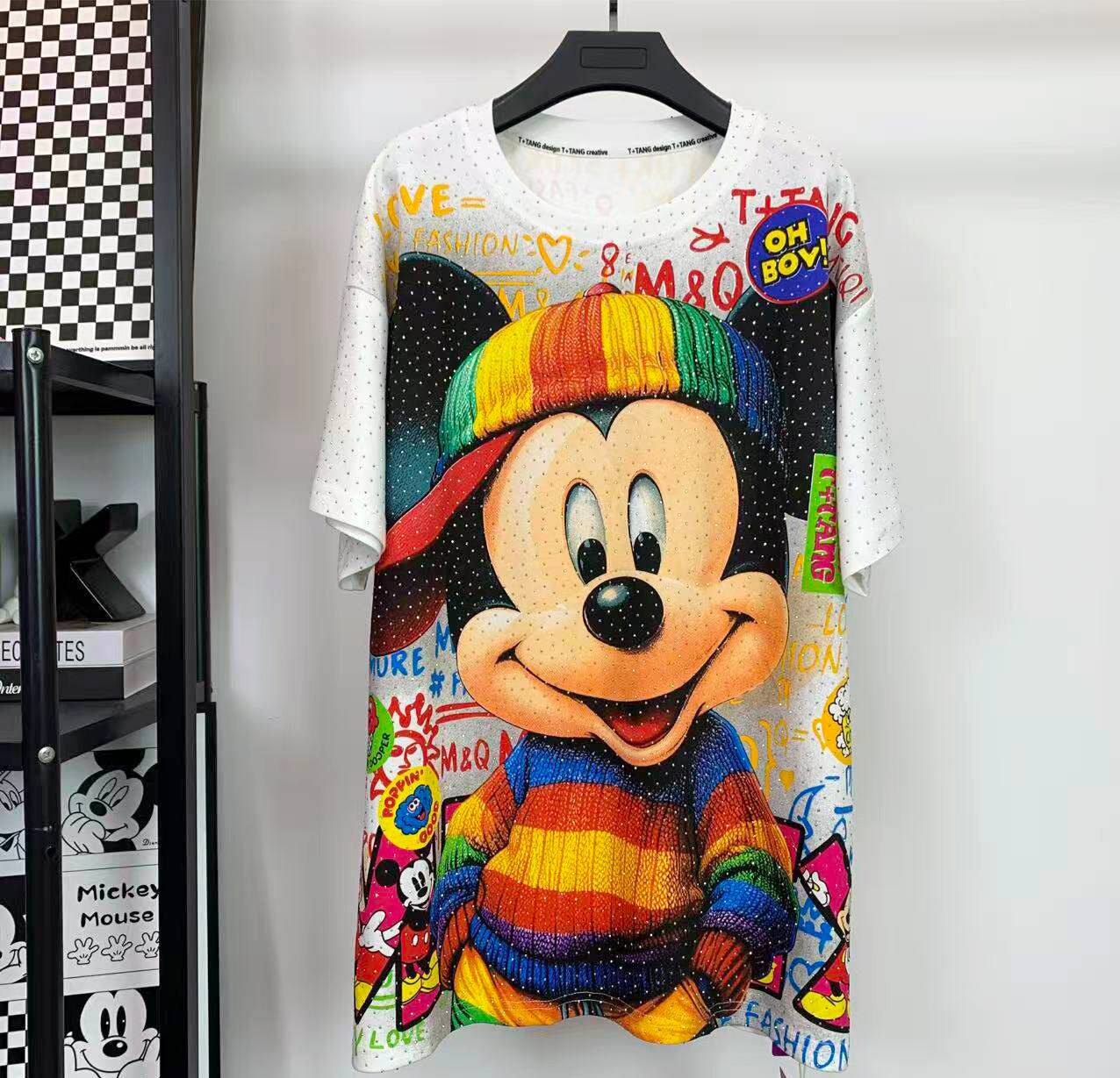 Mickey Rainbow Hat Rhinestone Graphic T-Shirt | Oversized Retro Cartoon Streetwear Tee