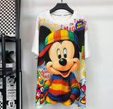 Mickey Rainbow Hat Rhinestone Graphic T-Shirt | Oversized Retro Cartoon Streetwear Tee