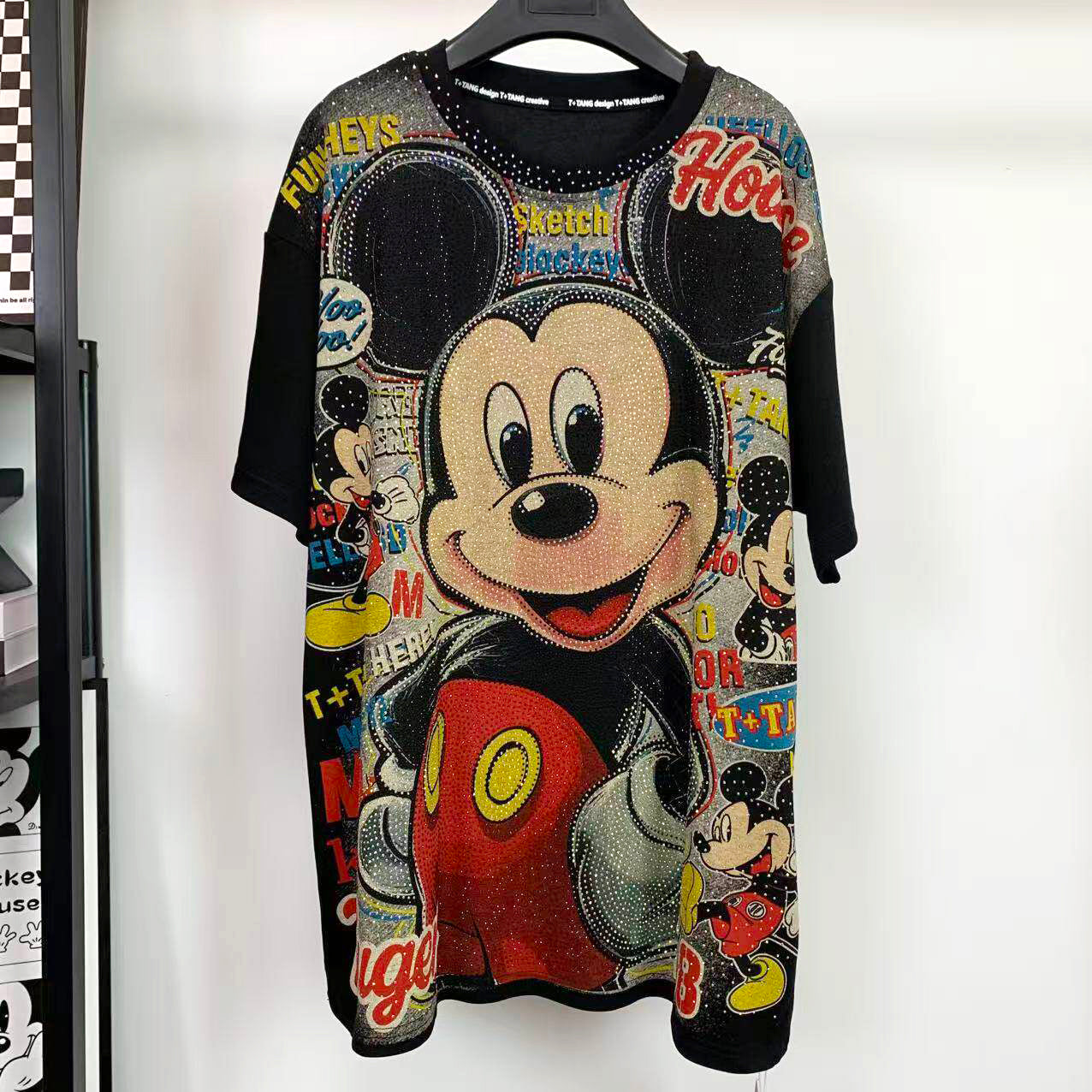 Heavy Rhinestone Boxing Mickey Graphic T-Shirt | Oversized Streetwear Tee