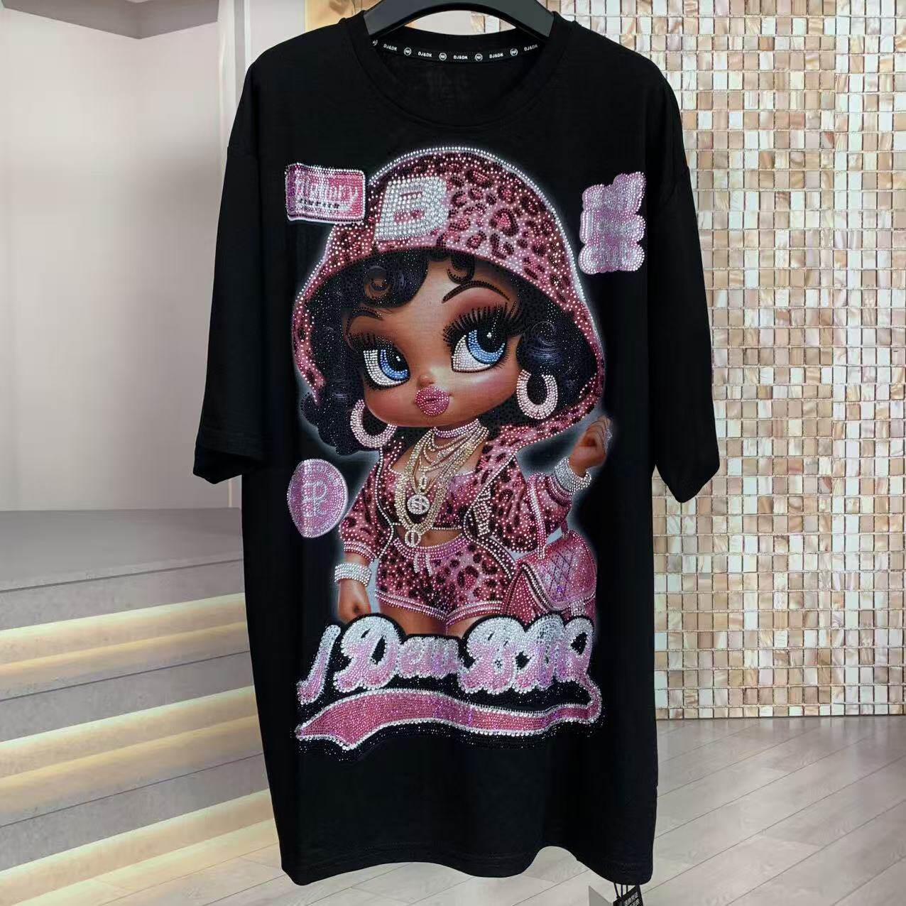 A218 - Betty Boop Y2K Sparkle Oversized Tee - 320g Heavyweight Premium Cotton - Luxury Rhinestone Bling Streetwear Boxy T-Shirt