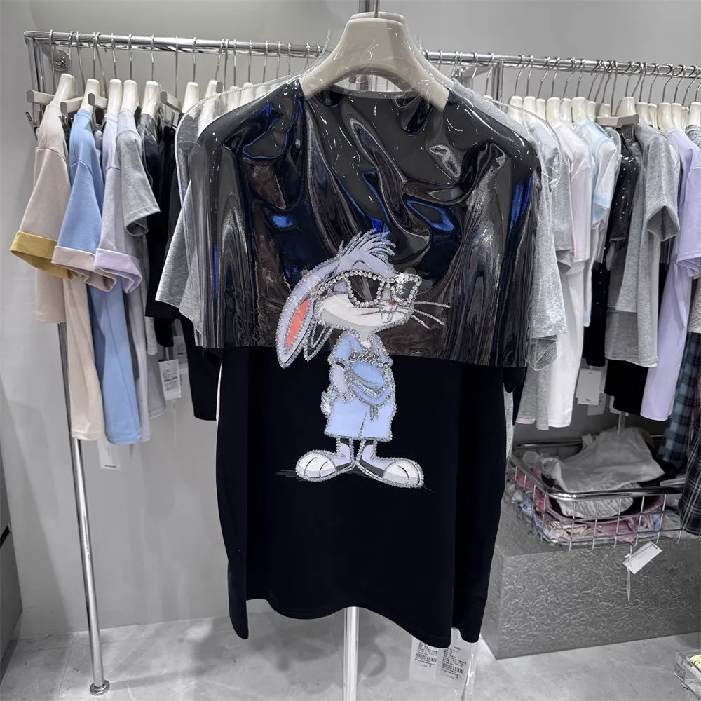 Cartoon Diamond Embellishments + Embroidered Bead Sunglasses Bunny Short-Sleeve T-Shirt