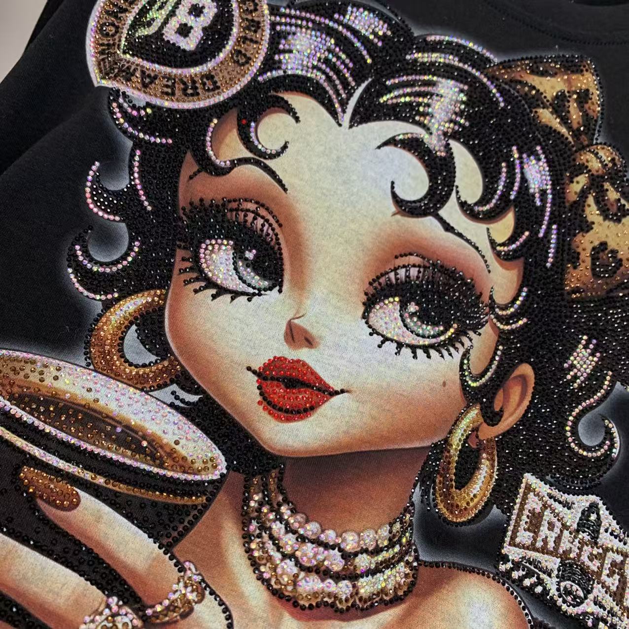 R4 - Rhinestone Betty Girl Oversized Graphic T-Shirt – Sparkling Vintage Cartoon Streetwear Tee