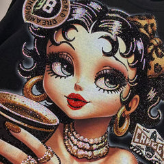 R4 - Rhinestone Betty Girl Oversized Graphic T-Shirt – Sparkling Vintage Cartoon Streetwear Tee
