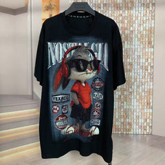 A226 - Bugs Bunny Headphones Y2K Aesthetic Tee - 320g Heavyweight Breathable Cotton - Premium Rhinestone Bling Streetwear Boxy T-Shirt