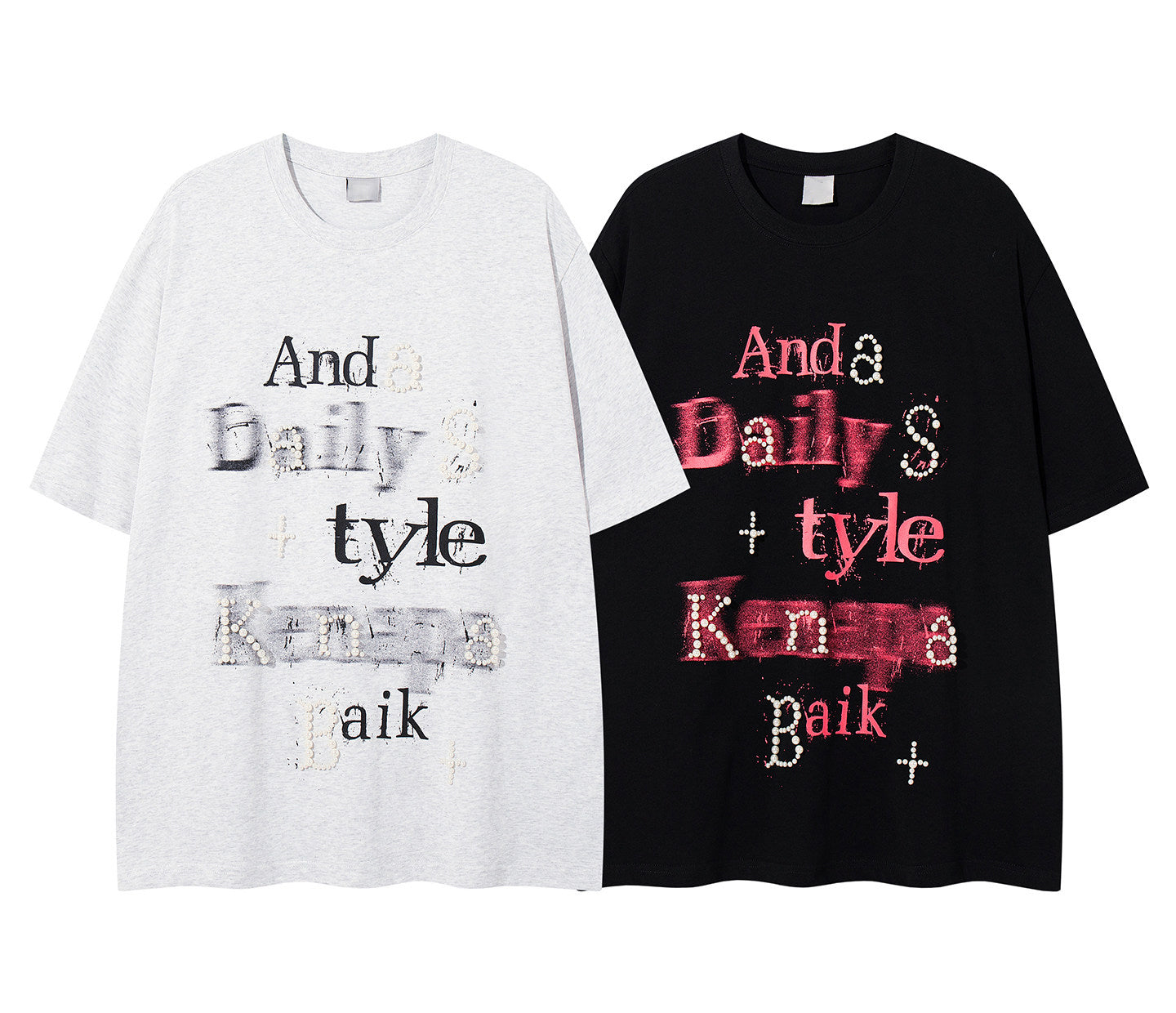 A261 - Pearl Graffiti Graphic Tee – Handmade Embellished Oversized Cotton T-Shirt