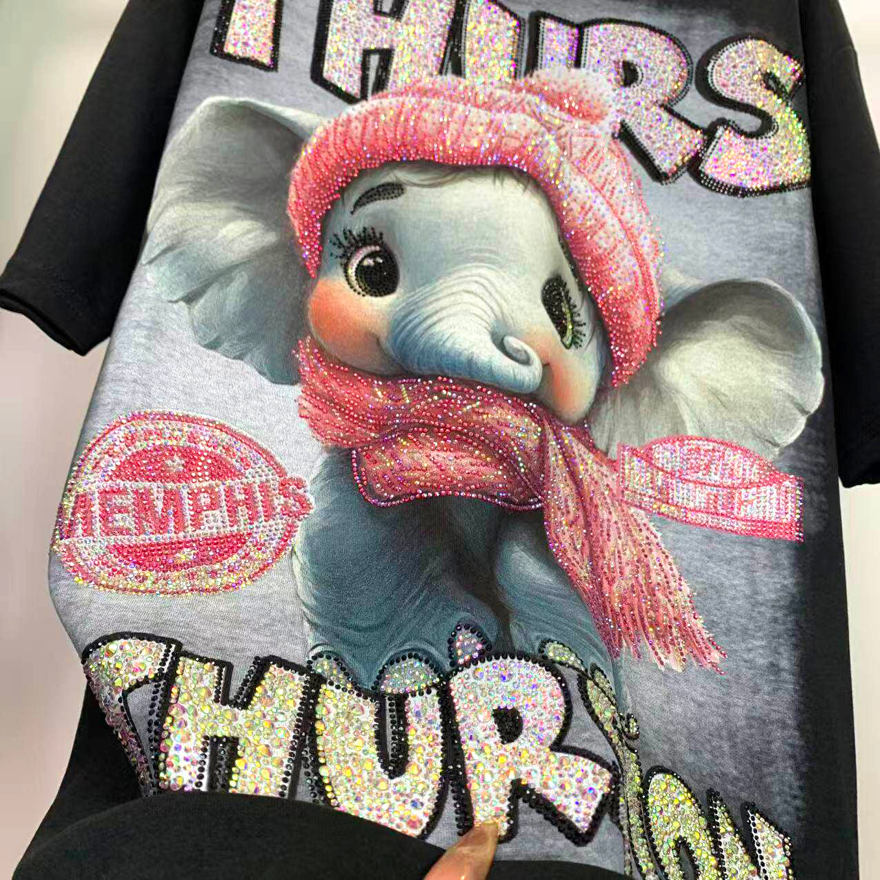 Heavy Rhinestone Cute Elephant T-Shirt | Oversized Sparkle Graphic Tee
