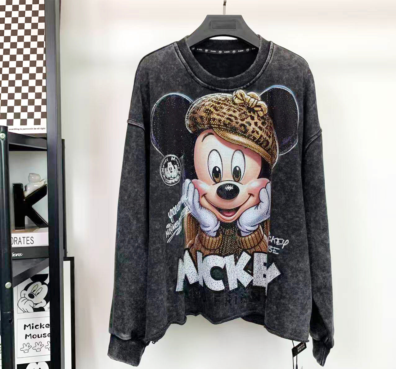 Handmade Rhinestone Mickey Graphic Washed Sweatshirt | Vintage Oversized Crewneck