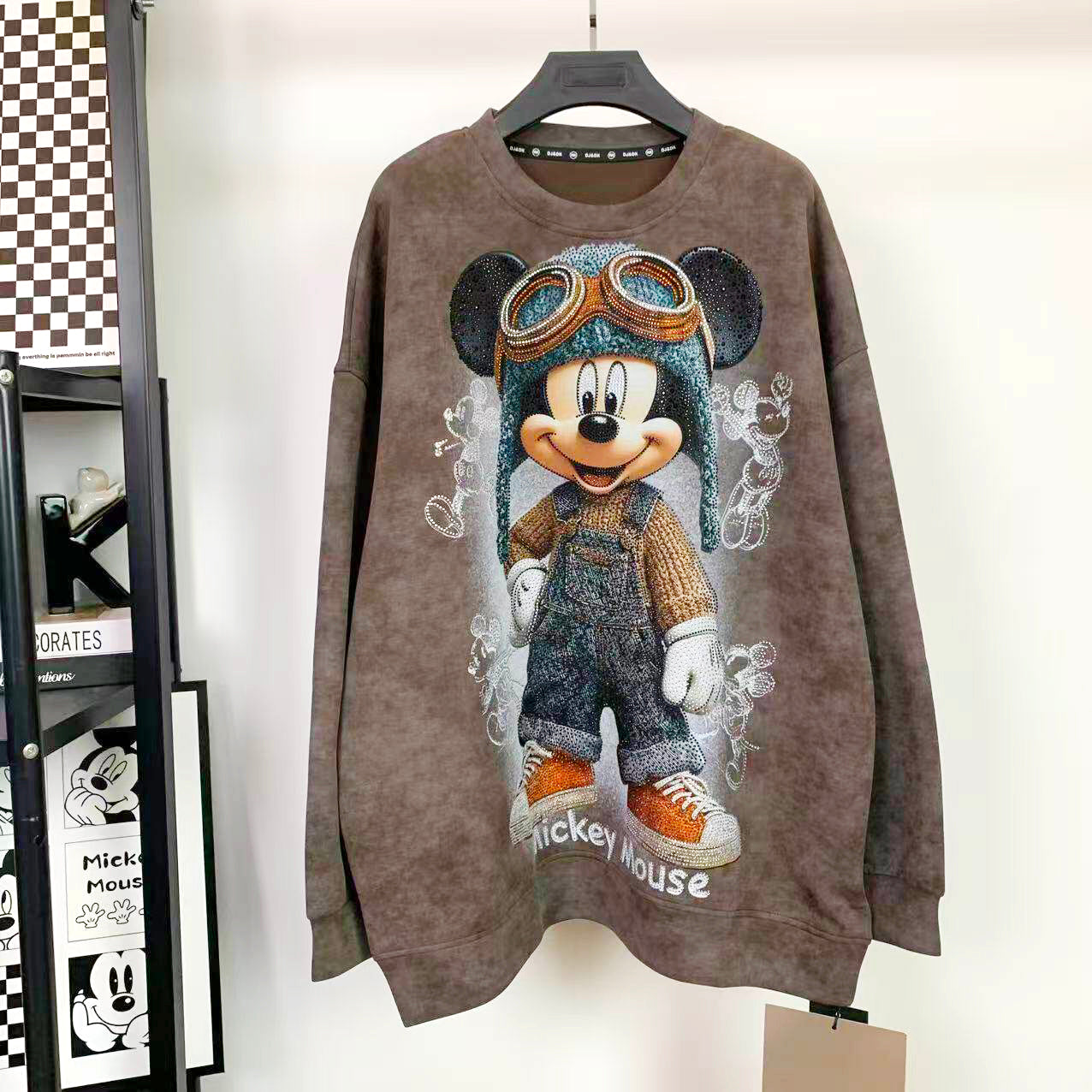 Vintage Washed Rhinestone Aviator Mickey Sweatshirt | Oversized Graphic Crewneck