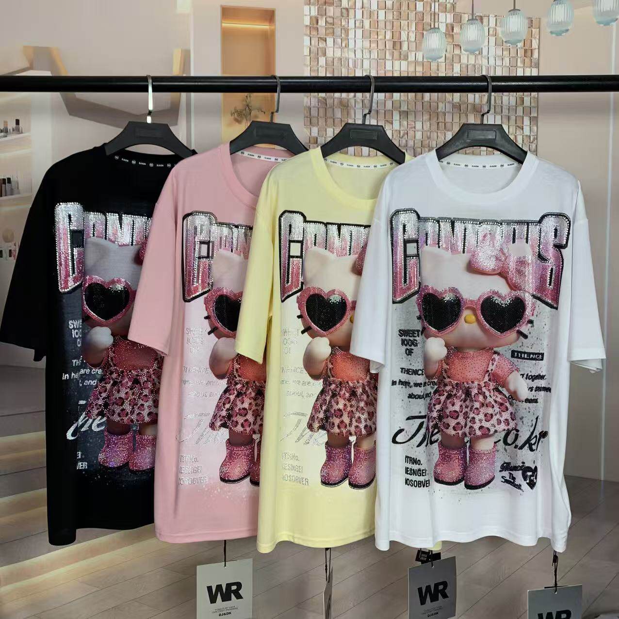 A246 - Heavy Rhinestone Hello Kitty Sunglasses Oversized Fashion T-Shirt
