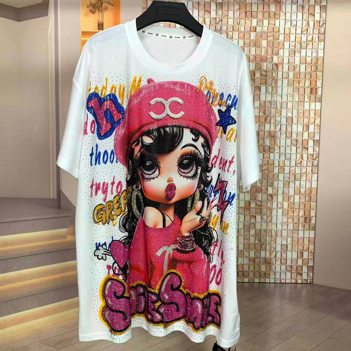 A257 -Betty Girl Rhinestone Oversized T-Shirt – Y2K Cartoon Graphic Tee Sparkle Streetwear Top Women 320G Cotton