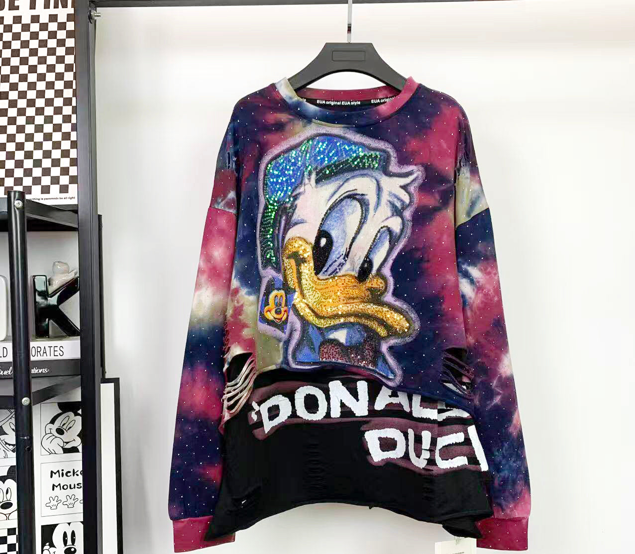Distressed Rhinestone Donald Duck Sweatshirt | Washed Tie-Dye Oversized Crewneck