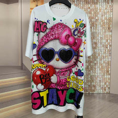 A225 - Hello Kitty Sunglasses Y2K Double-Sided Aesthetic Tee - 320g Heavyweight Breathable Cotton - Premium Rhinestone Bling Streetwear Boxy T-Shirt
