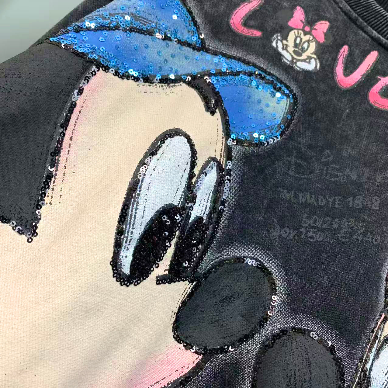R10 - Pure Cotton Crewneck Sweatshirt - Luxury Sequin Embroidered Mickey & Minnie Graphic Pullover