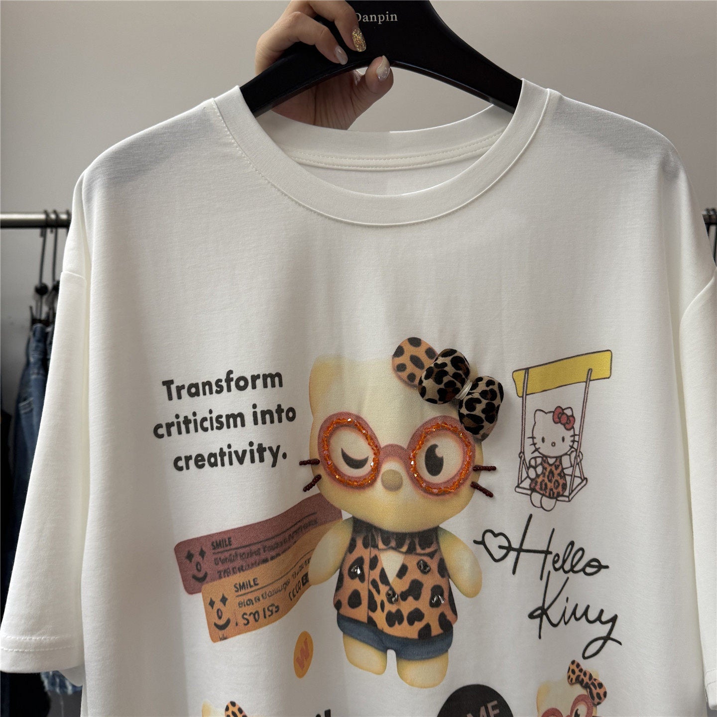 A234 - Hello Kitty Leopard Print T-Shirt with 3D Plush Bow – Hand-Beaded Crystal Embellished Short Sleeve Tee