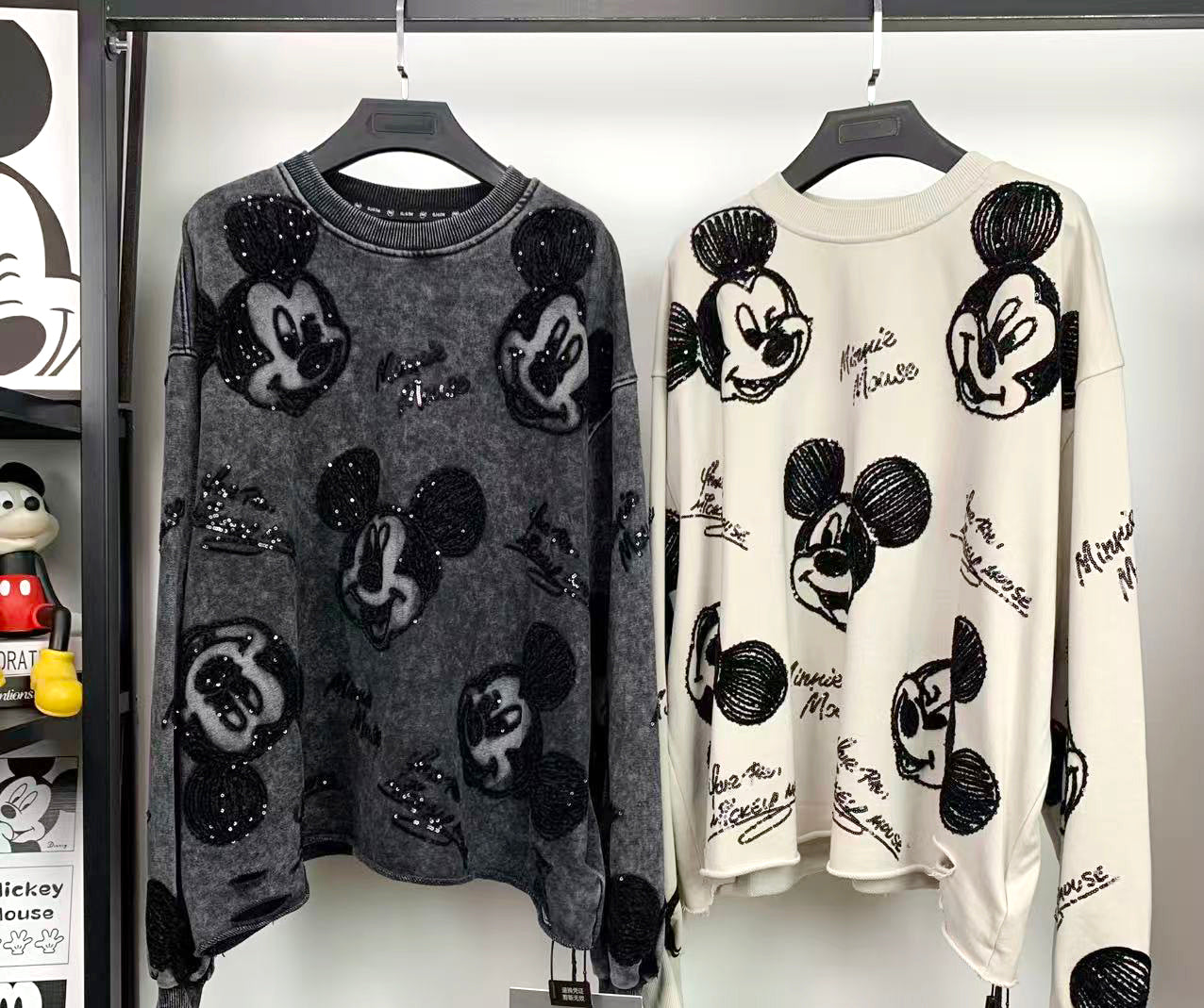 Mickey Distressed Sequin Embroidered Crewneck | Washed Unisex Statement Sweatshirt