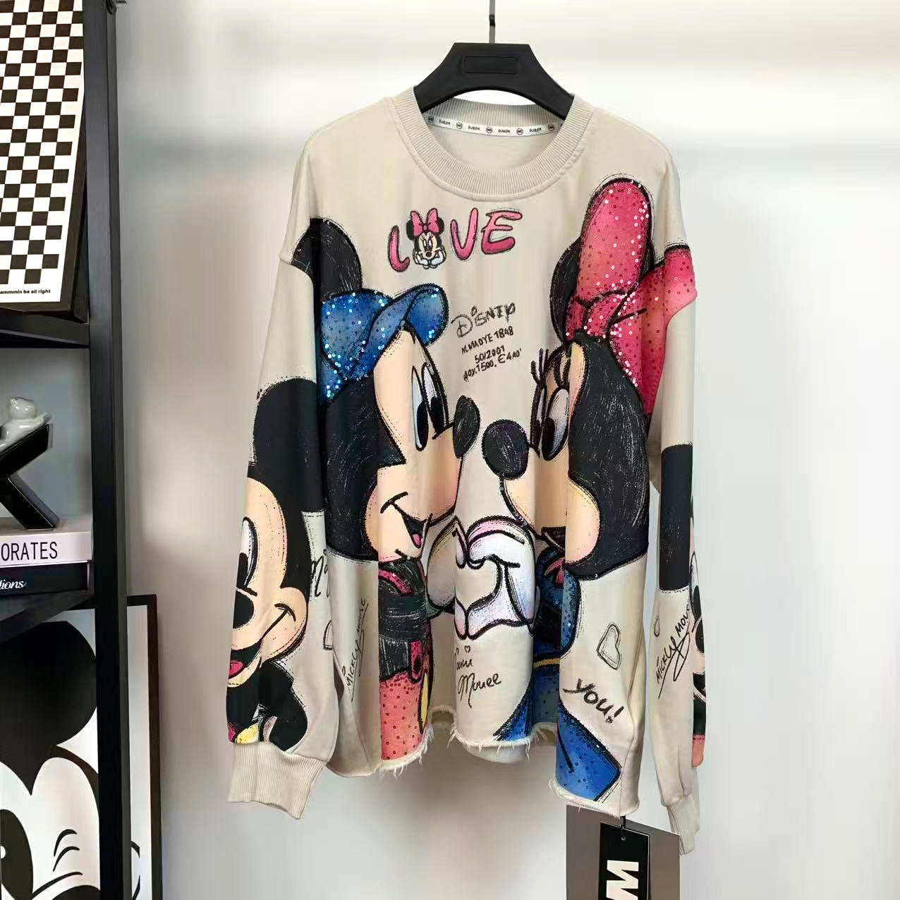R10 - Pure Cotton Crewneck Sweatshirt - Luxury Sequin Embroidered Mickey & Minnie Graphic Pullover
