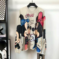 R10 - Pure Cotton Crewneck Sweatshirt - Luxury Sequin Embroidered Mickey & Minnie Graphic Pullover