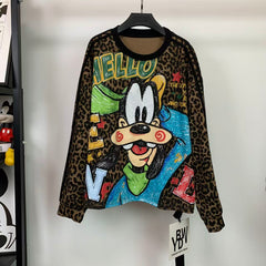 Vintage Leopard Cartoon Dog Sequin Embroidered Sweatshirt