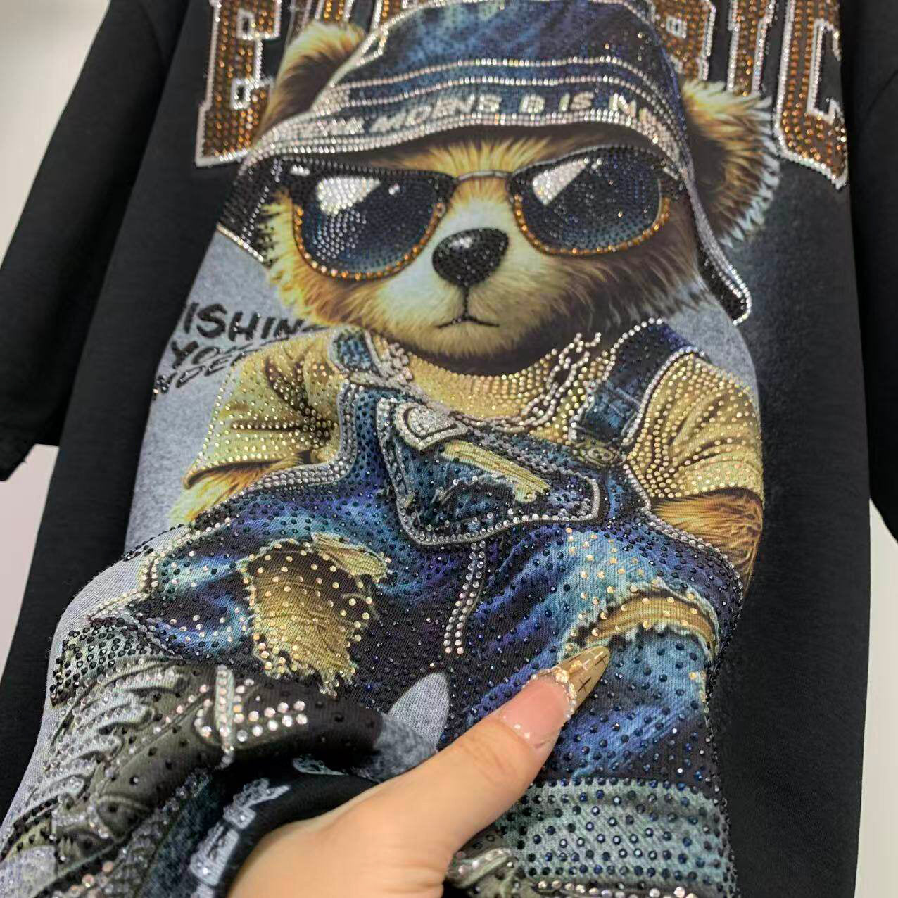 Heavy Rhinestone Teddy Bear Graphic T-Shirt | Oversized Unisex Streetwear Tee