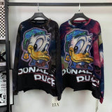 Distressed Rhinestone Donald Duck Sweatshirt | Washed Tie-Dye Oversized Crewneck