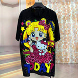 A255 - 320G Heavyweight Sailor Moon Inspired Rhinestone Graphic Tee | Y2K Oversized Cute Cartoon Streetwear T-Shirt Women