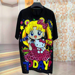 A255 - 320G Heavyweight Sailor Moon Inspired Rhinestone Graphic Tee | Y2K Oversized Cute Cartoon Streetwear T-Shirt Women