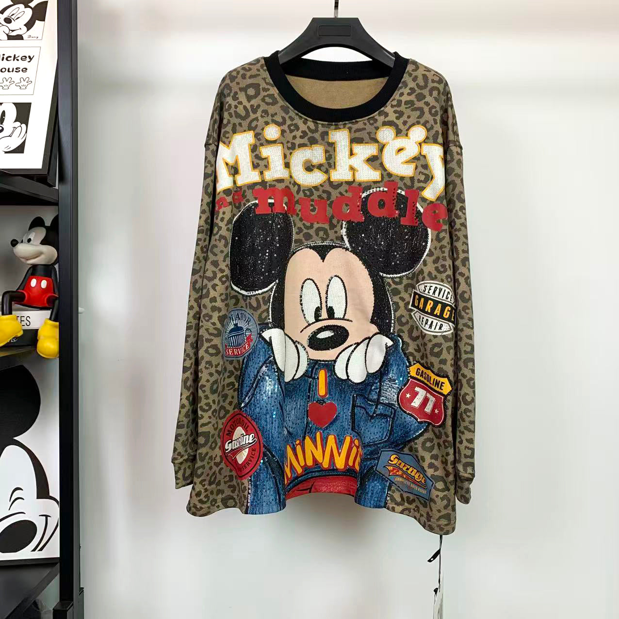 Leopard Mickey Sequin Embroidered Oversized Sweatshirt