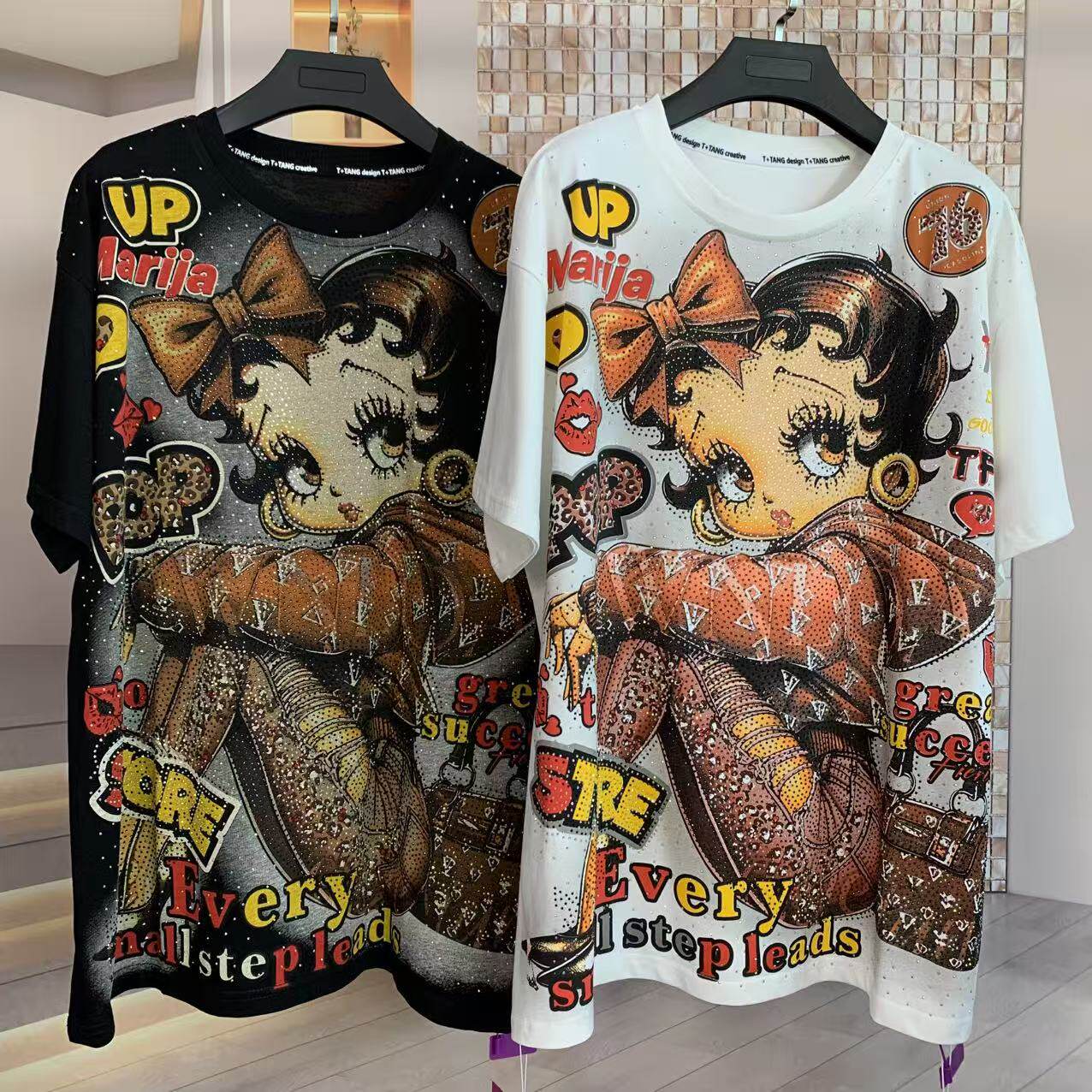 A224 - Betty Boop Y2K Mashup Sparkle Oversized Tee - 320g Heavyweight Breathable Cotton - Premium Bling Character Streetwear Boxy T-Shirt
