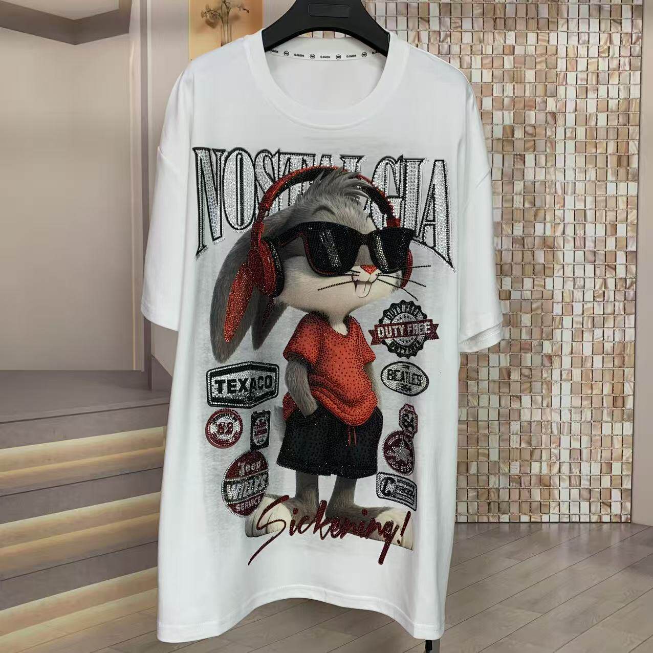 A226 - Bugs Bunny Headphones Y2K Aesthetic Tee - 320g Heavyweight Breathable Cotton - Premium Rhinestone Bling Streetwear Boxy T-Shirt