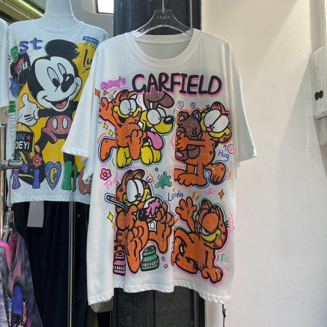 A213 - Garfield Retro Sparkle Oversized Tee - 320g Heavyweight Premium Cotton - Rhinestone Double-Sided Streetwear Shirt