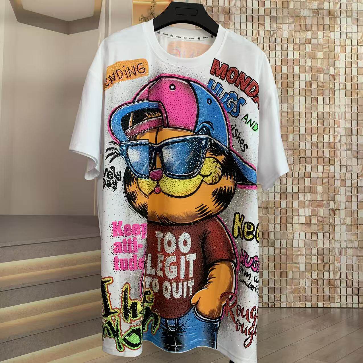 A216 - Garfield Y2K Multi-Color Rhinestone Tee - 320g Ultra-Heavyweight Cotton - Premium Bling Character Streetwear Boxy T-Shirt