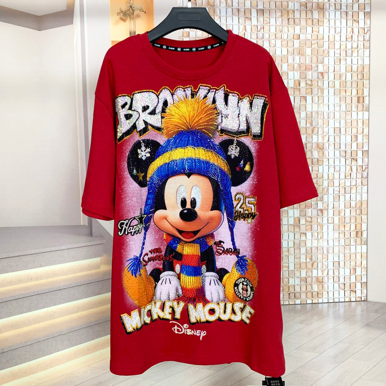 R1 - Heavyweight 320g Pure Cotton T-Shirt - Luxury Sparkling Rhinestone Mickey Graphic Oversized Crewneck