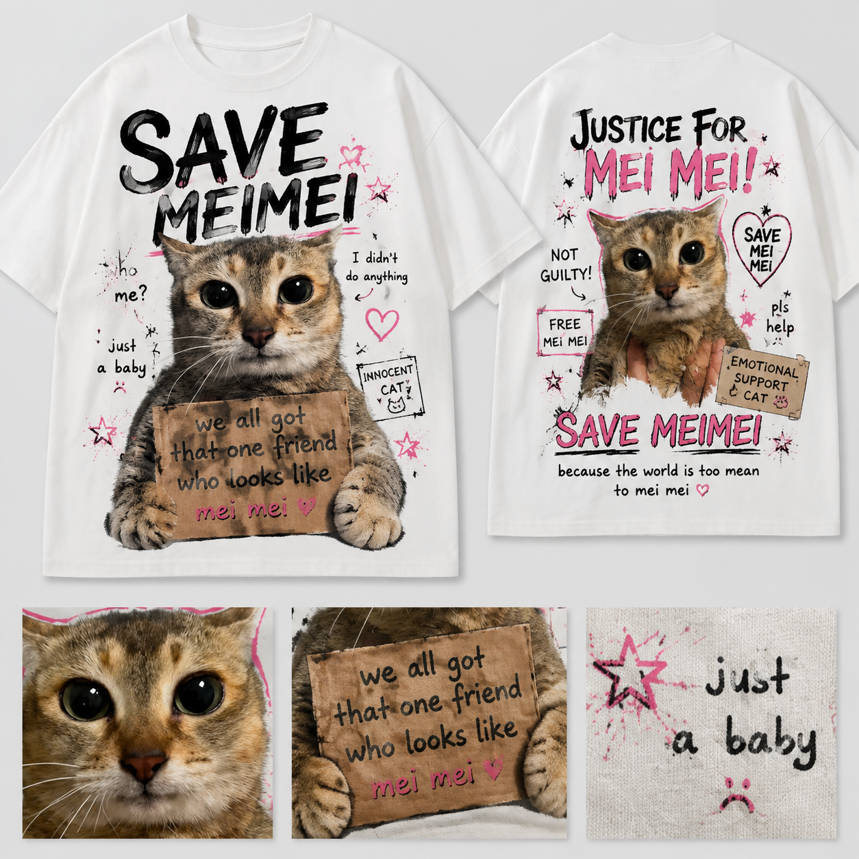 SaveMeiMei Funny Cat T-Shirt – Heavyweight Cotton Oversized Cat Meme Graphic Tee