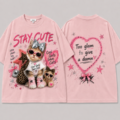 A262 - Cute Cat Graphic Oversized T-Shirt 100% Cotton Tee with 3D Bow Detail & Rhinestone Necklace